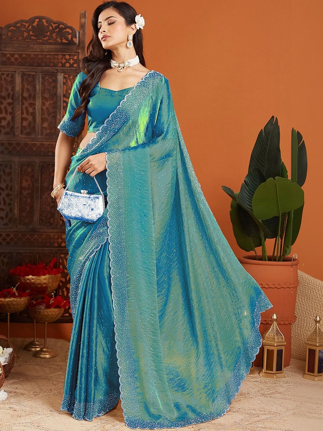 Urban Pallu Embellished Beads and Stones Organza Heavy Work Saree