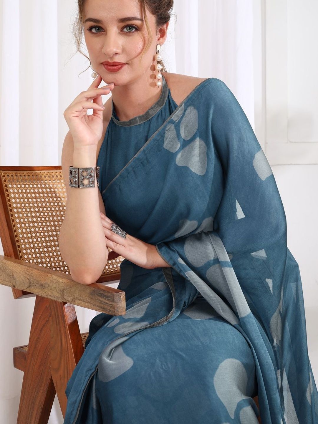 KALINI Poly Chiffon Block Print Saree