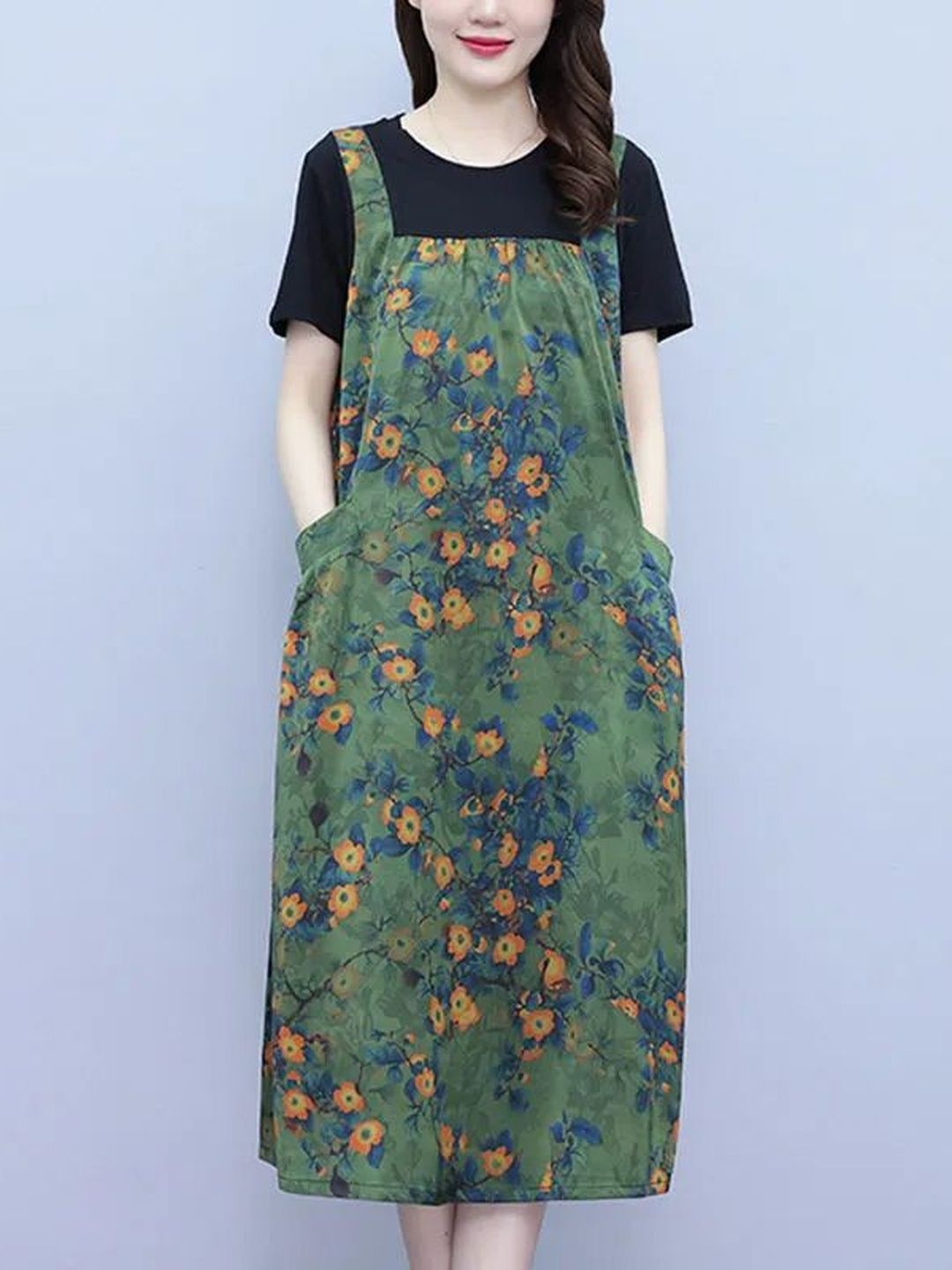 StyleCast x Revolte Floral Print Pinafore Midi Dress