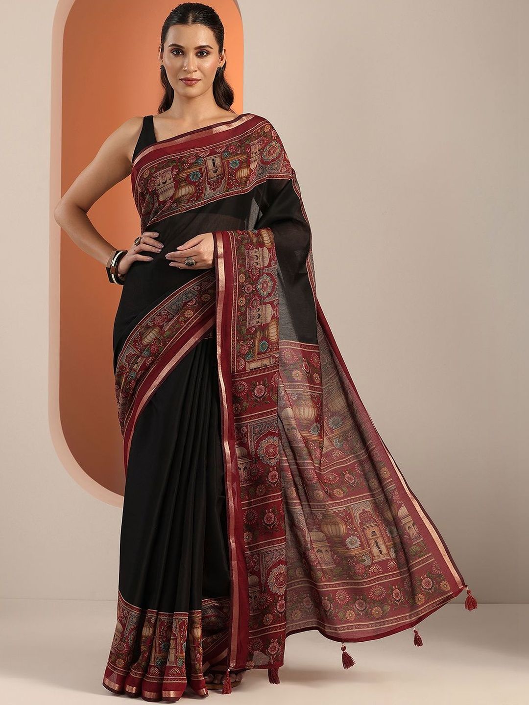 Libas Black Solid Cotton Blend Saree With Unstitched Blouse Piece