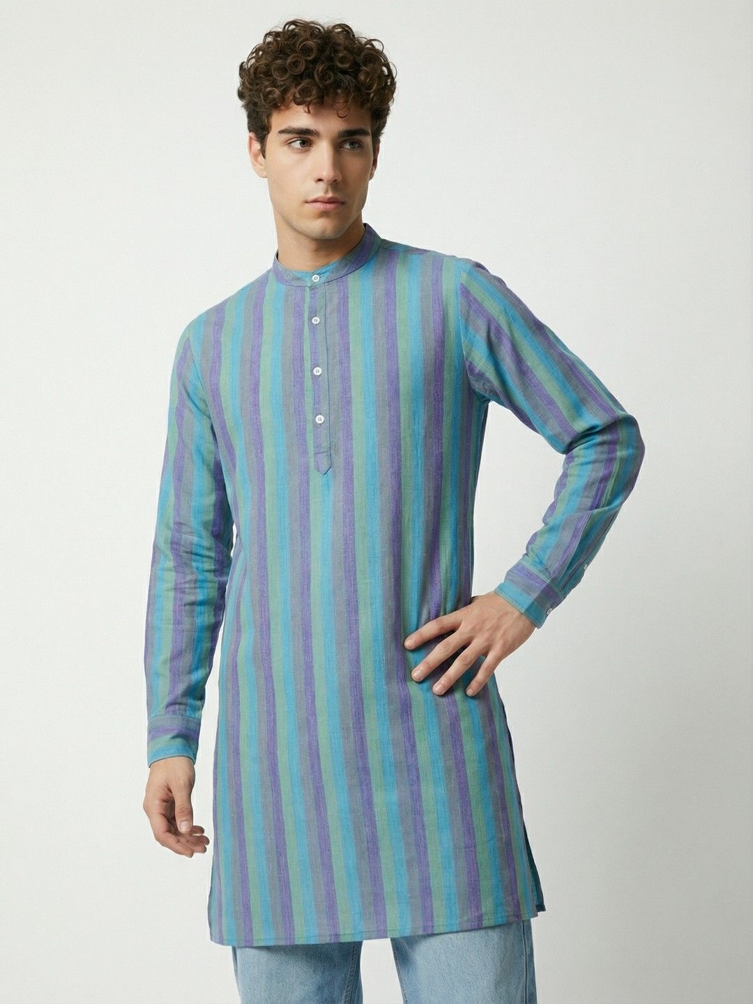 Anouk Rustic Striped Band Collar Straight Kurta