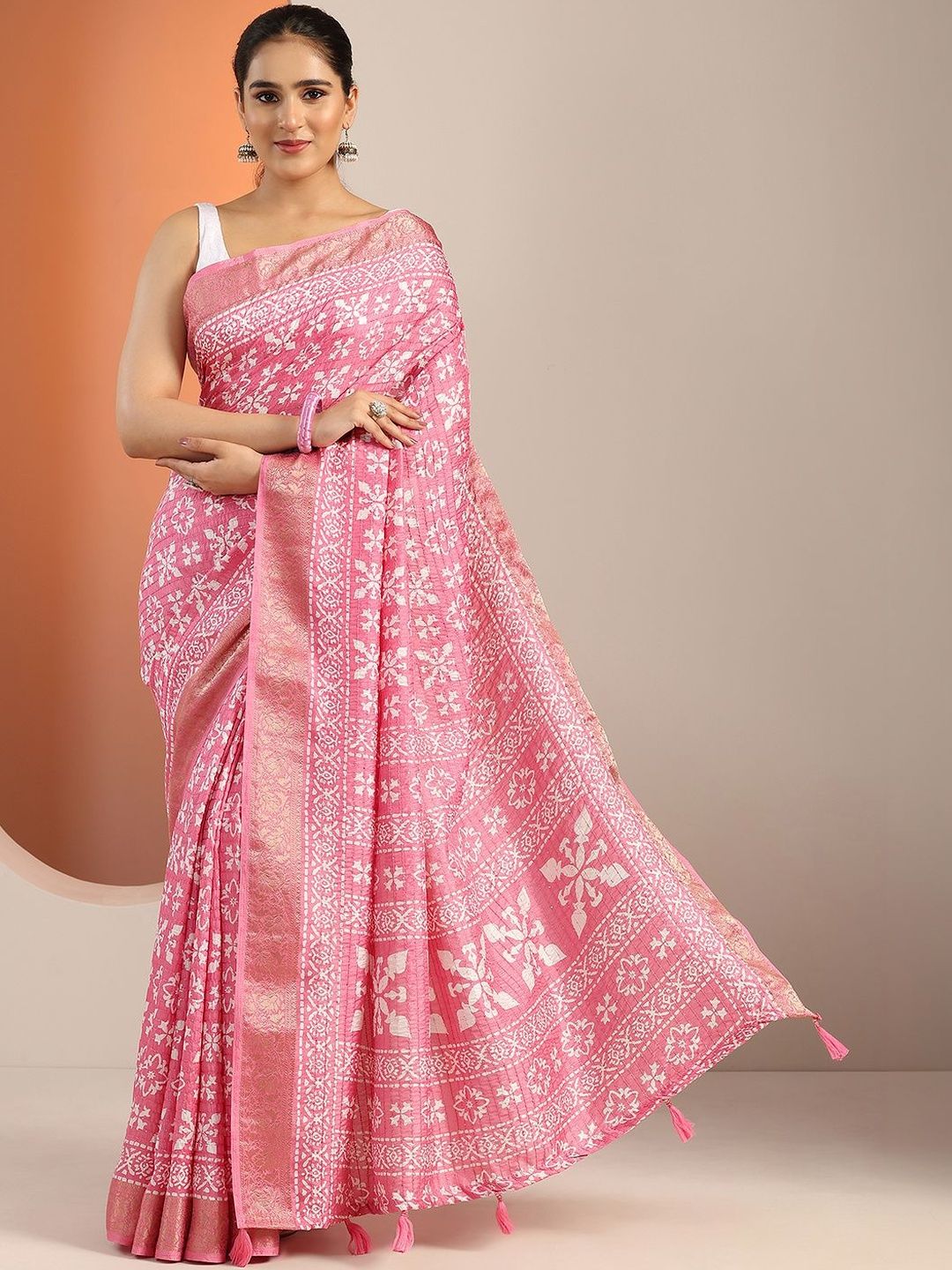 Libas Pink Printed Saree With Unstitched Blouse Piece