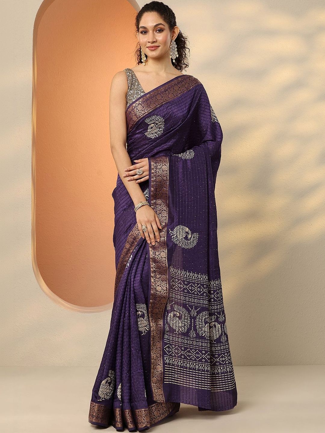 Libas Purple Embellished Saree With Unstitched Blouse Piece