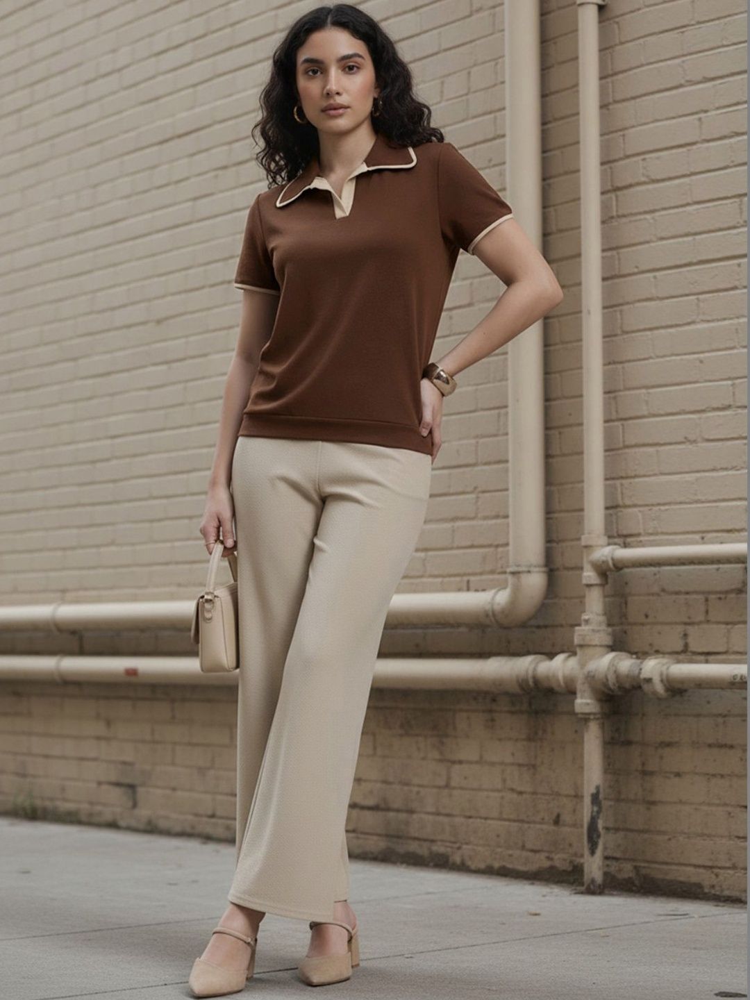glitchez Brown Polo Collar Top & Beige Trousers Co-Ords