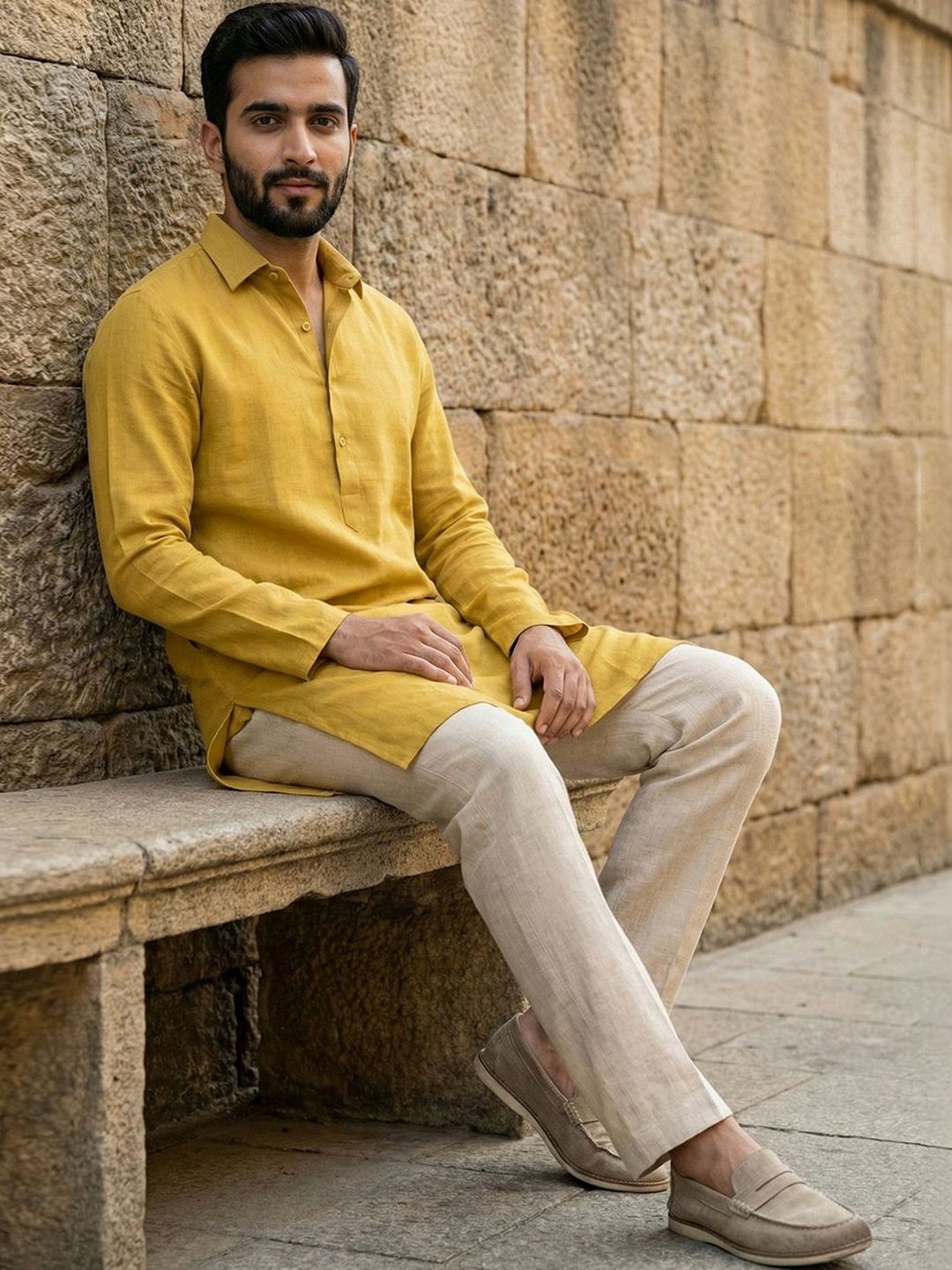 CHHAAP Mandarin Full Striped Cotton Straight Above Knee Kurta