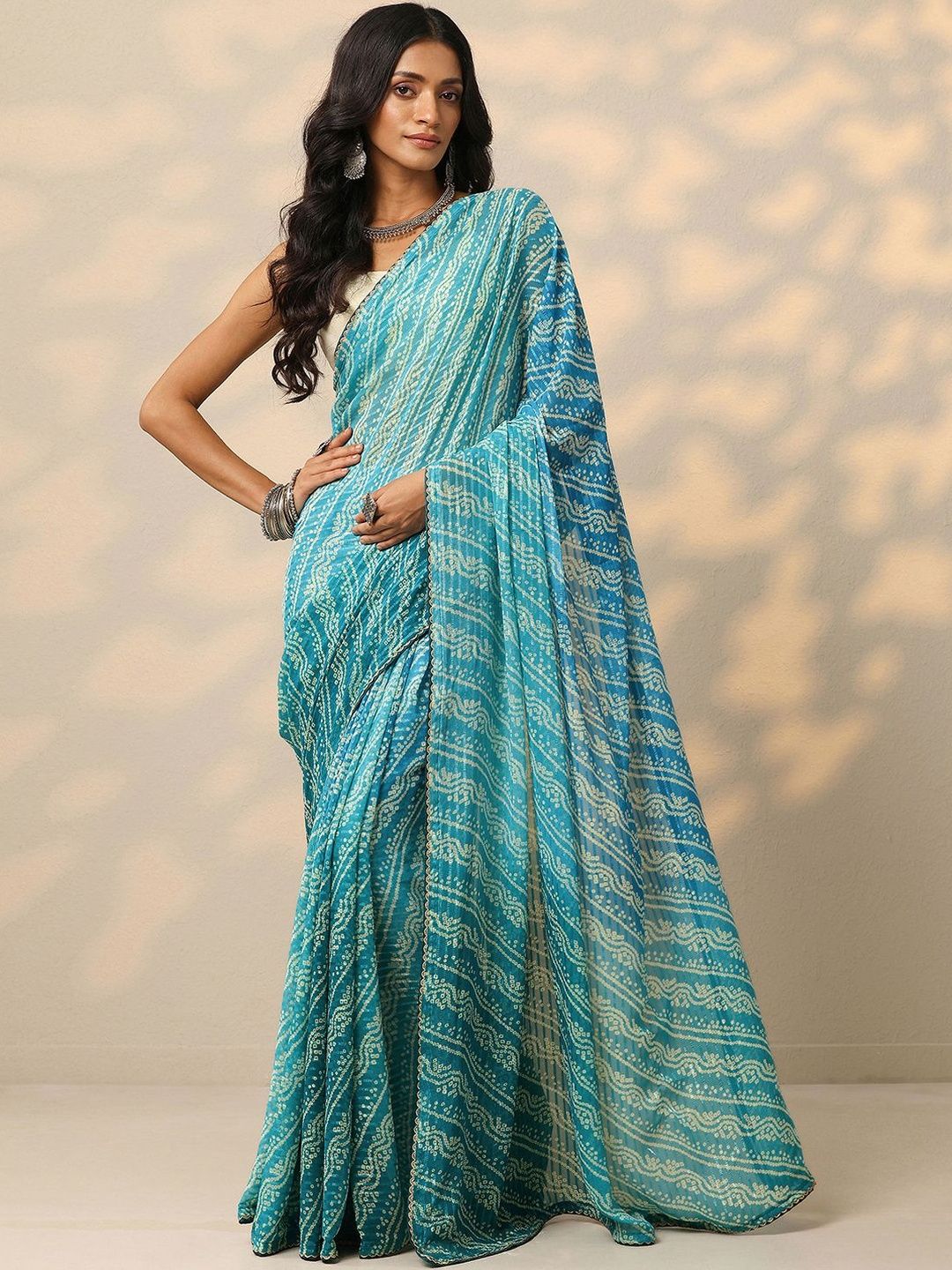 Libas Teal Bandhani Printed Chiffon Saree With Unstitched Blouse Piece