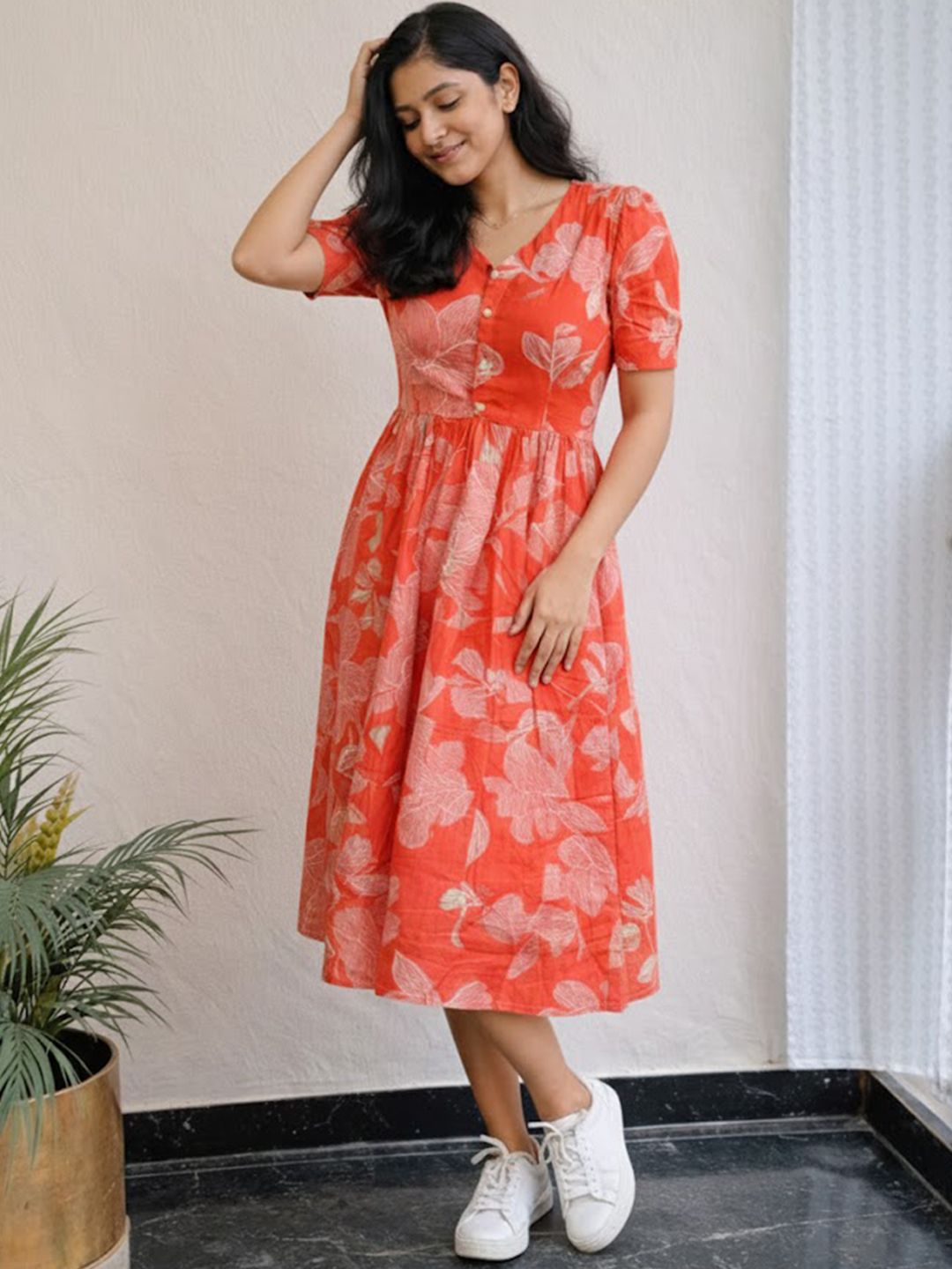 VCJ Floral Print Puff Sleeve A-Line Dress