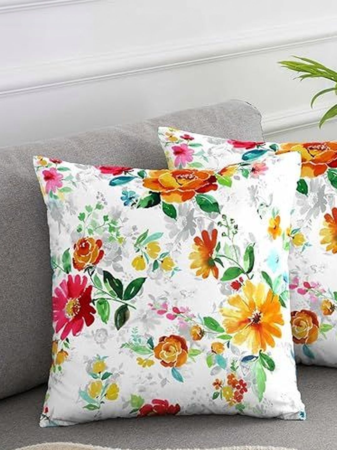 KNOTTING HOME White & Red Set of 5 Floral Velvet Square Cushion Covers