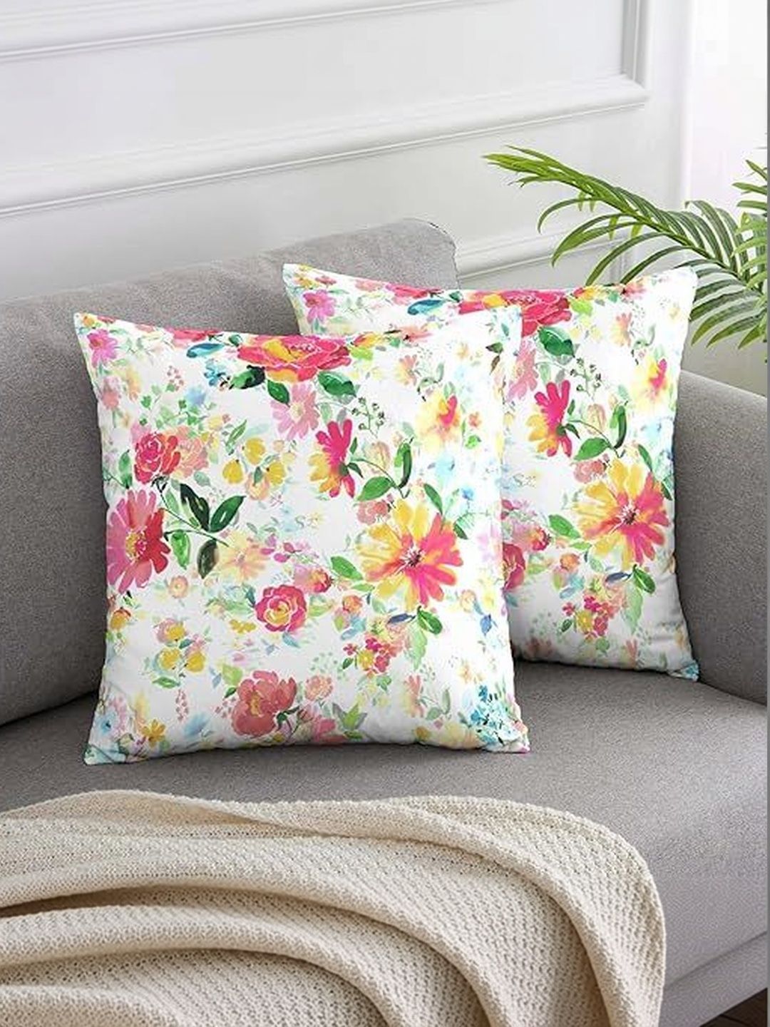 KNOTTING HOME White & Pink Set of 2 Floral Velvet Square Cushion Covers