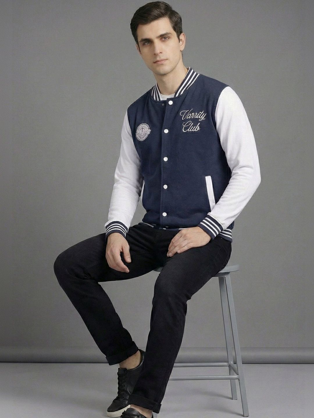 Mast & Harbour Men Typography Colourblocked Fleece Lightweight Outdoor Varsity Jacket with Embroidered
