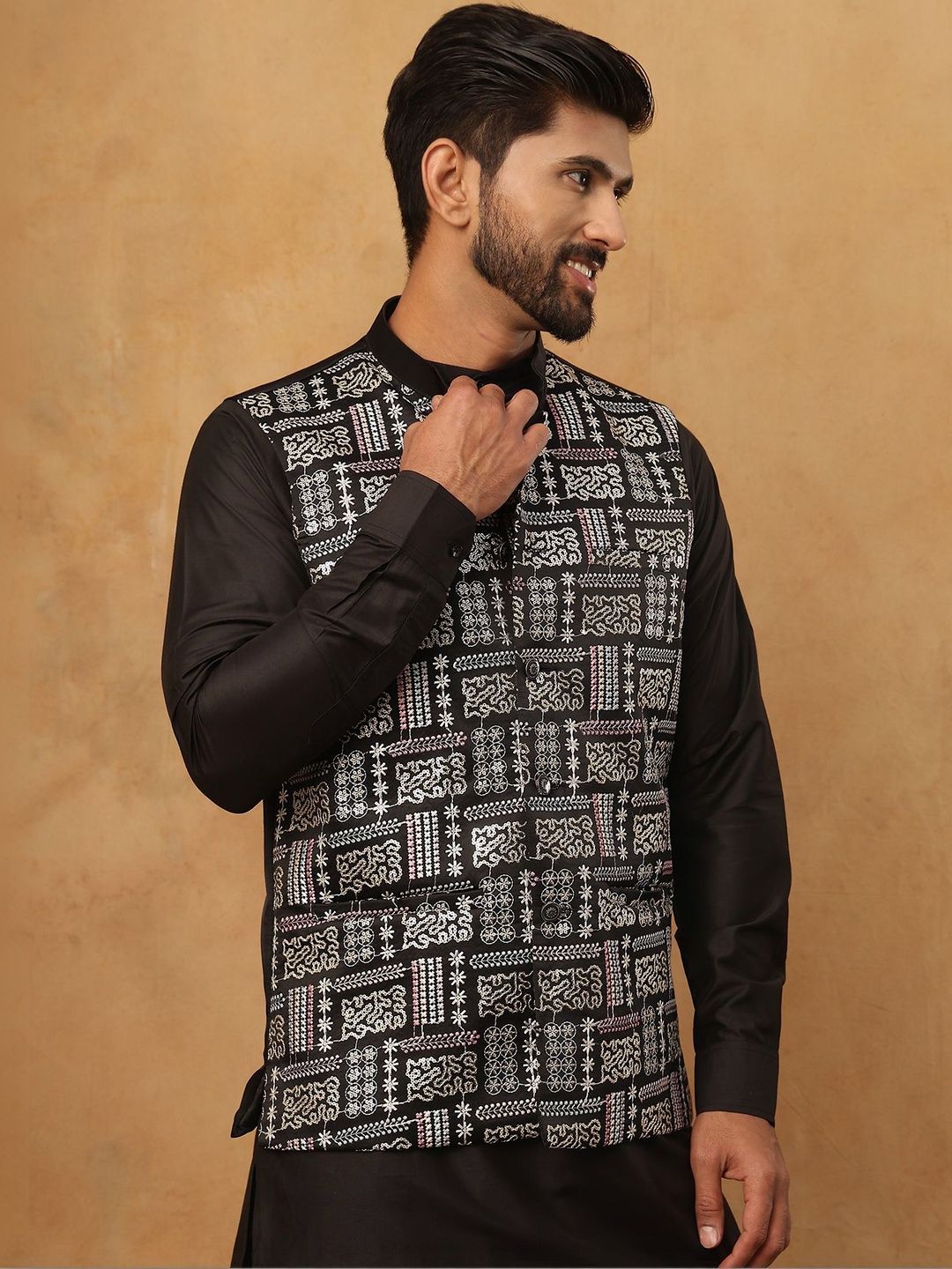 Jompers Embroidered Satin Sleeveless Nehru Jackets