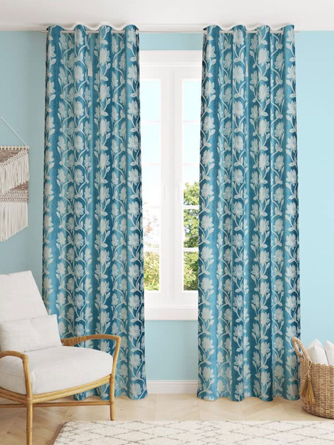 Homyra Decor Homyra Decor Turquoise Blue Floral Room Darkening Long Door Curtain