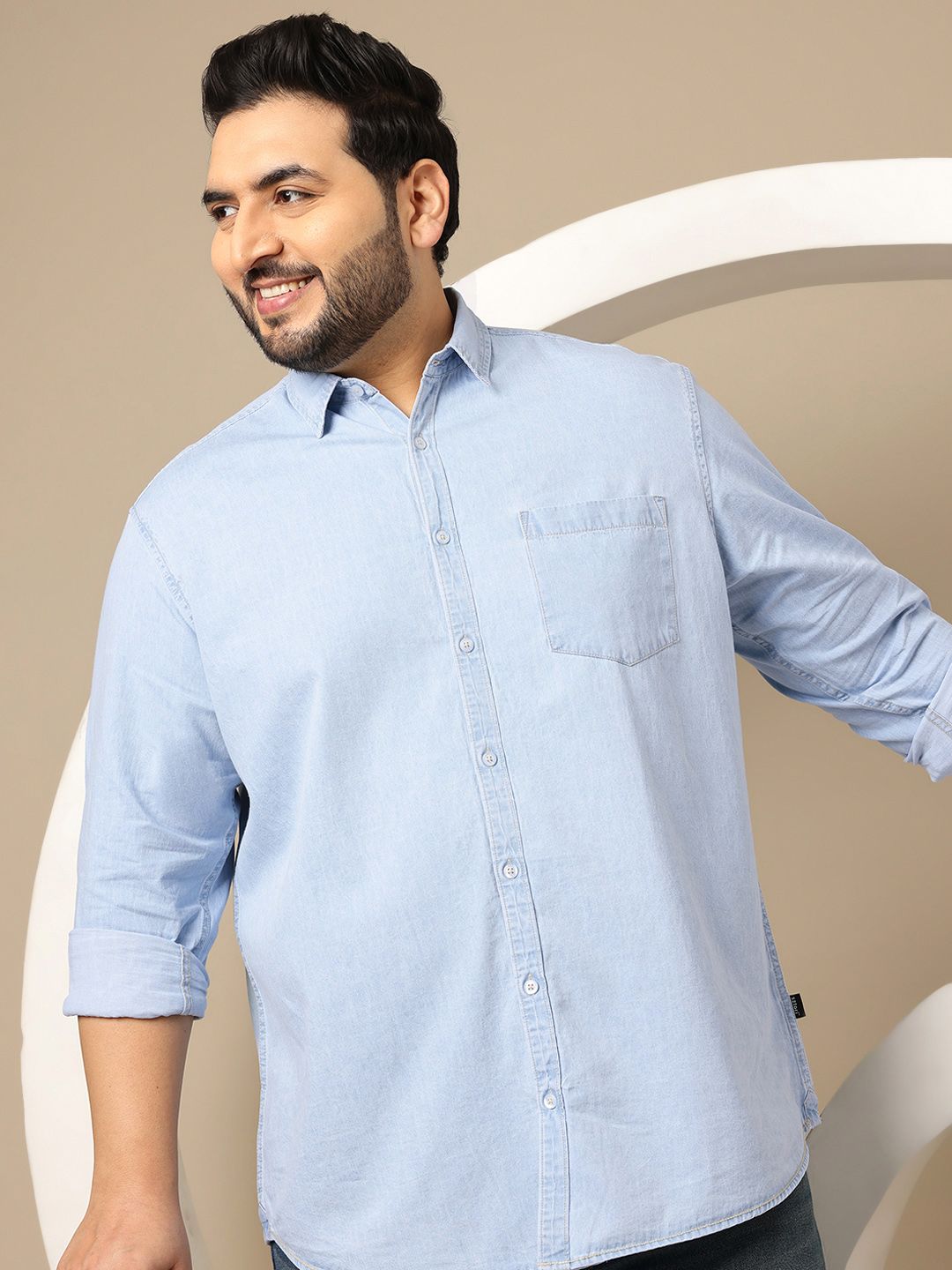 Sztori Plus Size Spread Collar Denim Pure Cotton Shirt