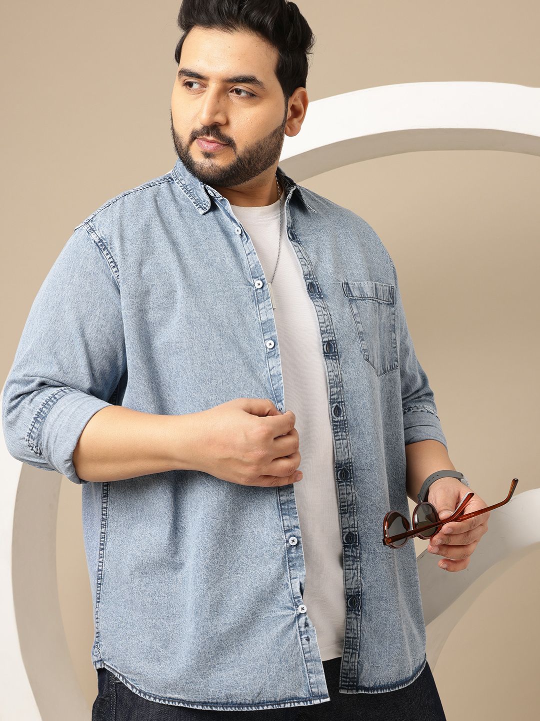 Sztori Plus Size Spread Collar Denim Pure Cotton Shirt