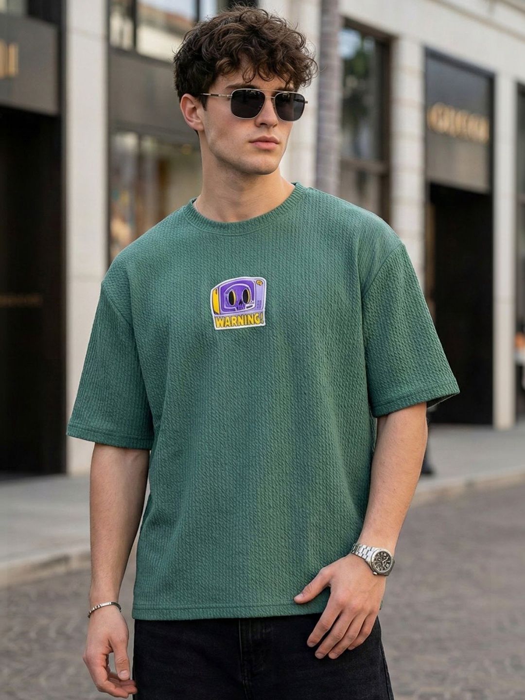 VEIRDO Men Printed Drop-Shoulder Sleeves Pure Cotton T-shirt