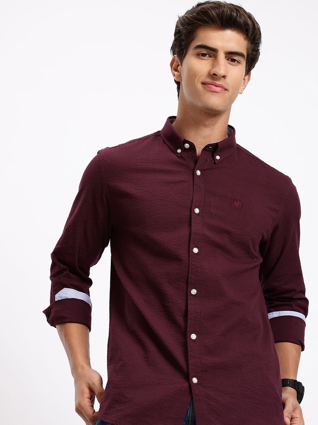 Aeropostale Self Striped Button-Down Collar Seersucker Pure Cotton Casual Shirt