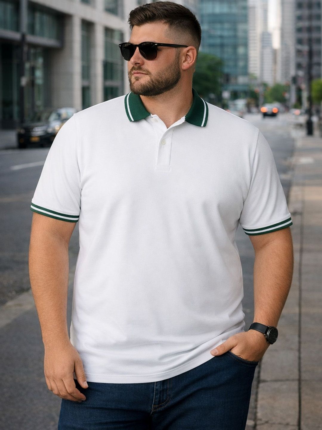 VEIRDO Men White Solid Pure Cotton Plus Size Polo Collar T-shirt