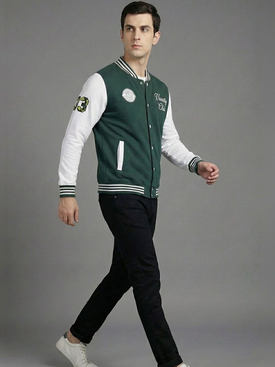 Mast & Harbour Men Typography Colourblocked Fleece Lightweight Outdoor Varsity Jacket with Embroidered