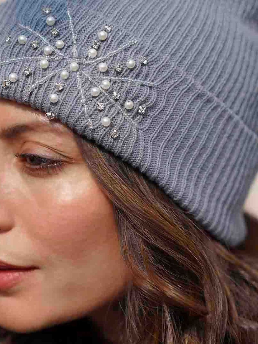 Buy HAIR DRAMA CO. Women Grey Crystals & Pearls Woollen Beanie