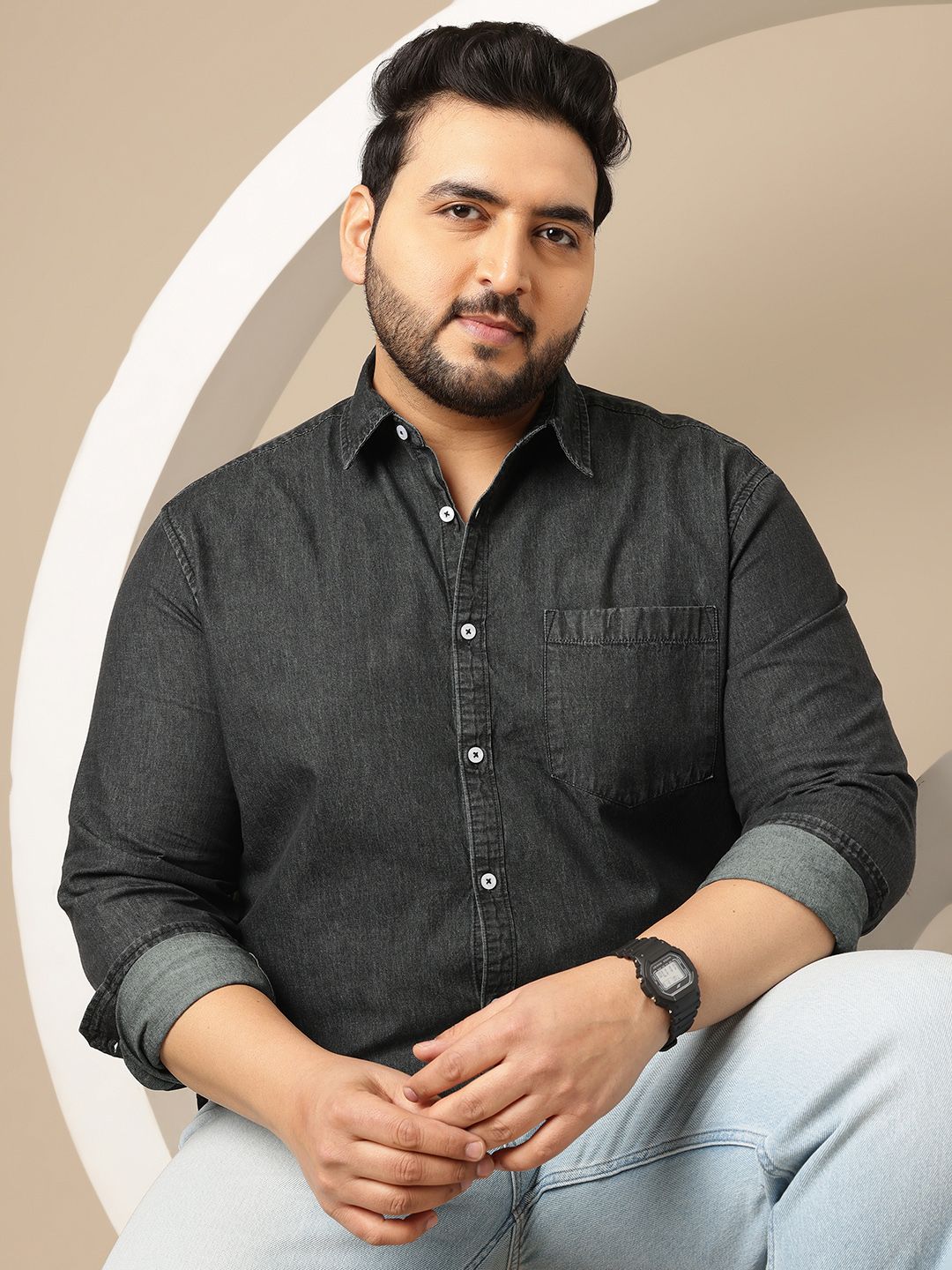 Sztori Plus Size Spread Collar Chambray Pure Cotton Shirt