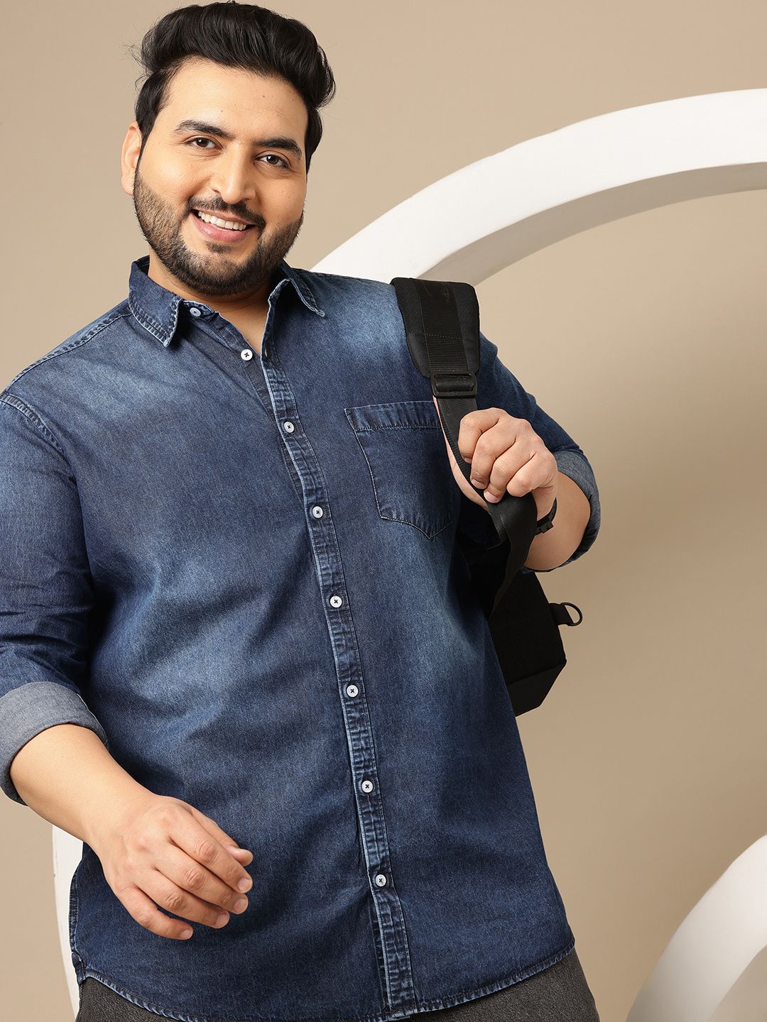 Sztori Plus Size Washed Effect Spread Collar Denim Pure Cotton Shirt