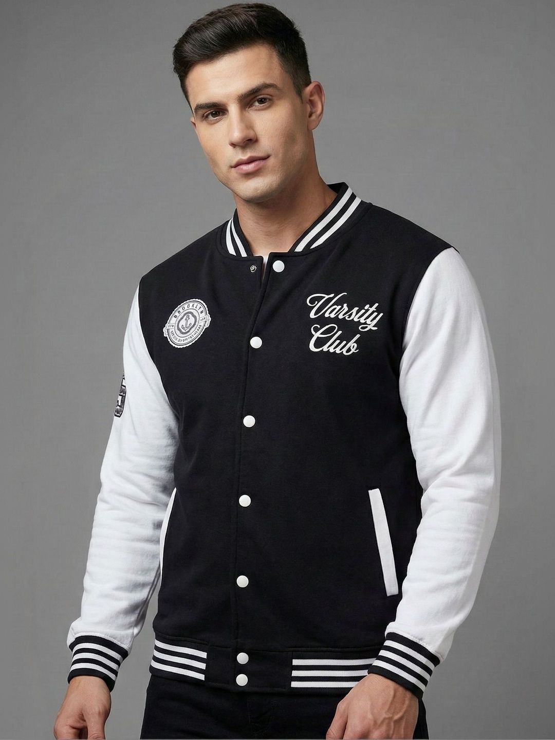 Mast & Harbour Men Typography Colourblocked Fleece Varsity Jacket with Embroidered