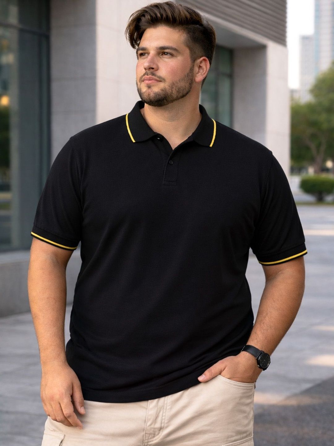 VEIRDO Men Black Solid Pure Cotton Plus Size Polo Collar T-shirt