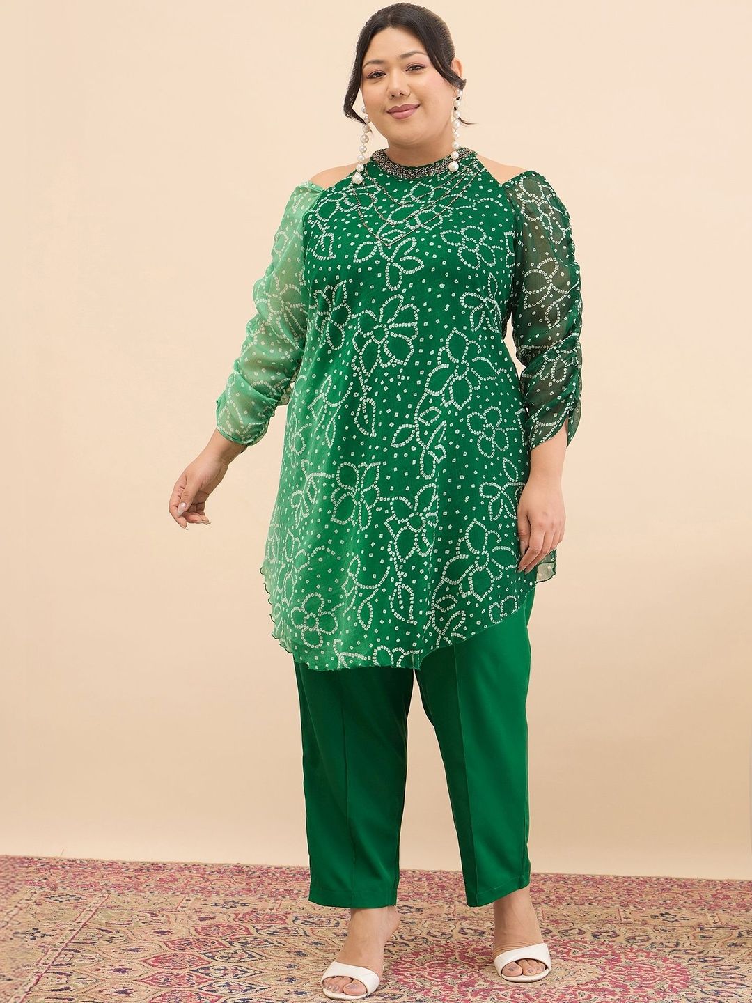 Antheaa Curve Embellished & Printed Mandarin Collar Top & Trousers Co-Ords