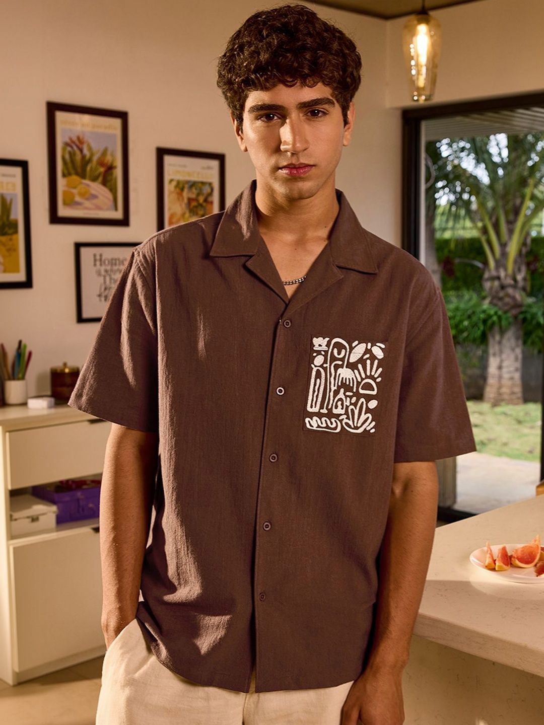 Bewakoof Men's Brown Embroidered Oversized Shirt