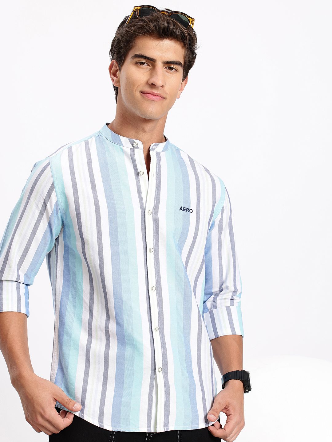 Aeropostale Striped Band Collar Pure Cotton Casual Shirt