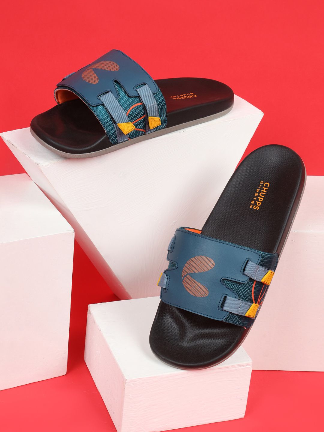 CHUPPS Men Teal Orange Phantom Orthopedic Sliders