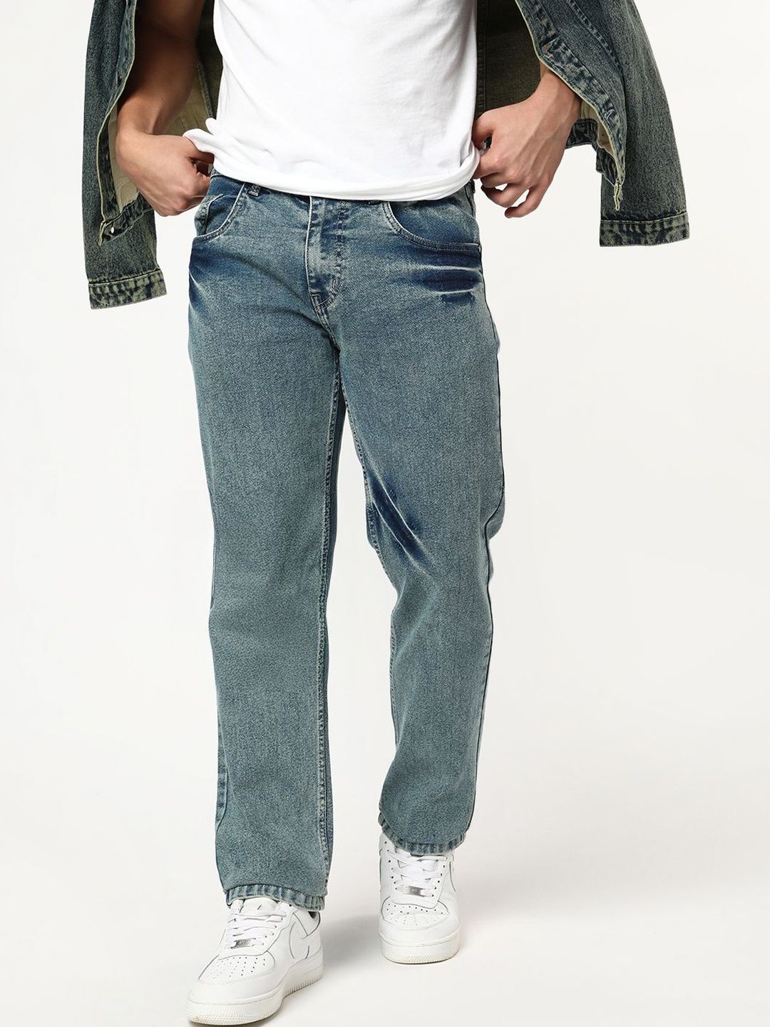 Urbano Fashion Men Ice Blue Regular Fit Heavy Washed Denim Stretchable Jeans