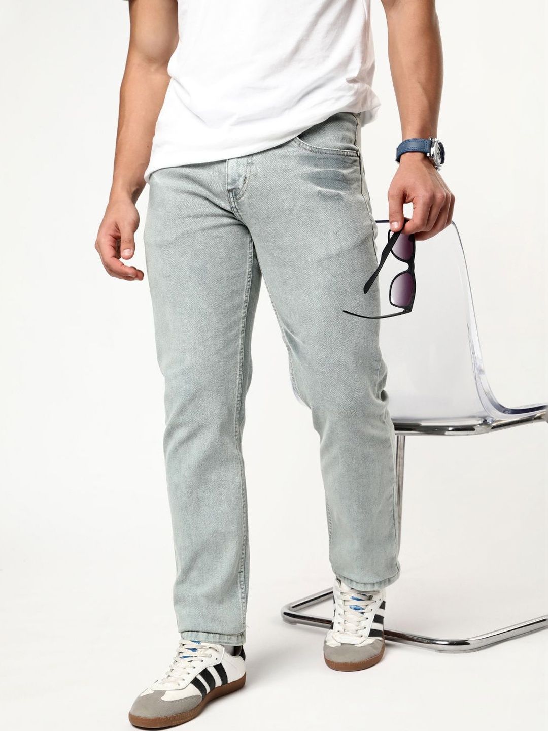 Urbano Fashion Men Ice Grey Regular Fit Heavy Washed Denim Stretchable Jeans