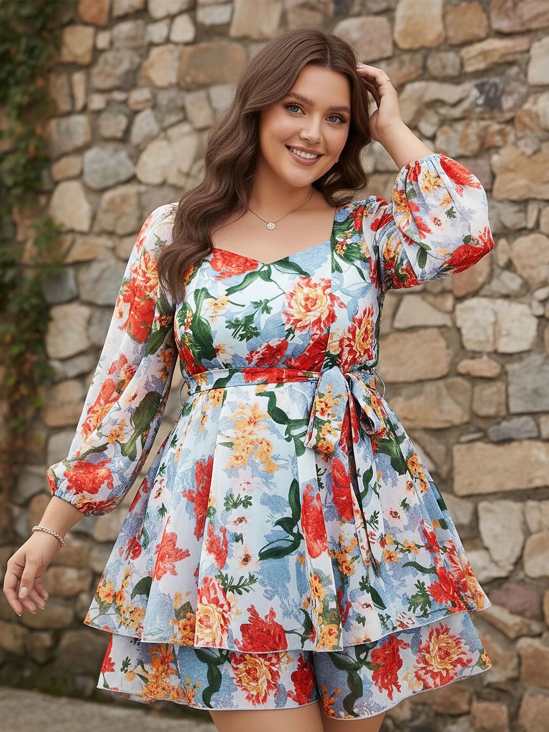 Berrylush Curve Floral Printed Waist Tie Ups Playsuit