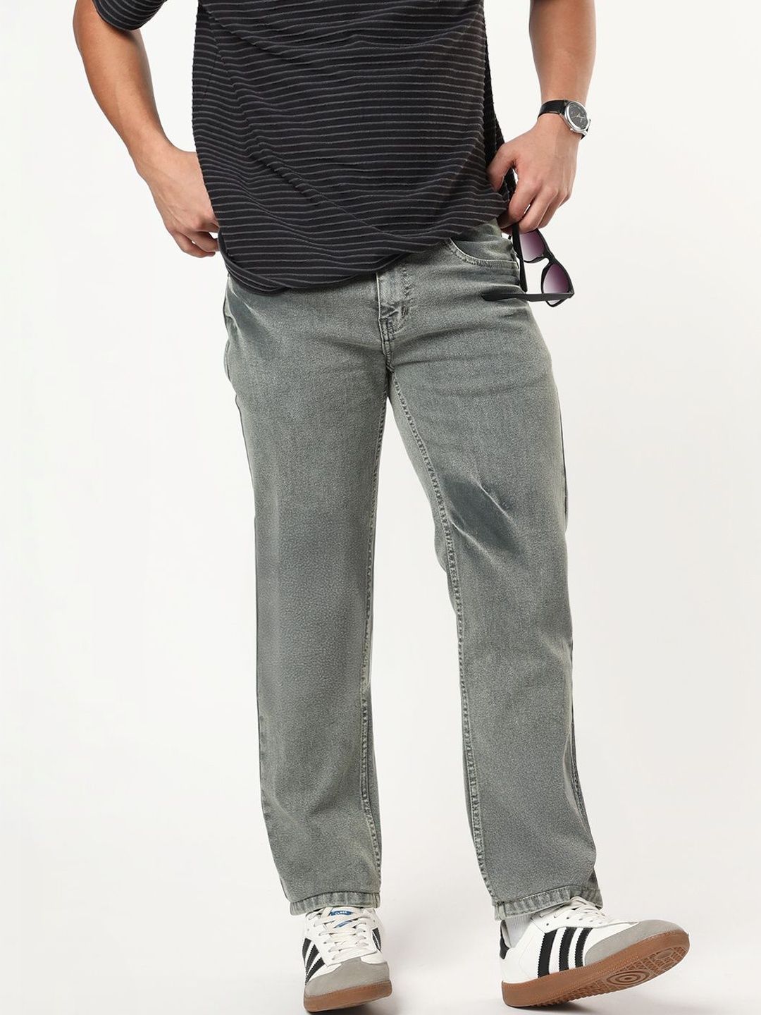 Urbano Fashion Men Light Grey Regular Fit Heavy Washed Denim Stretchable Jeans