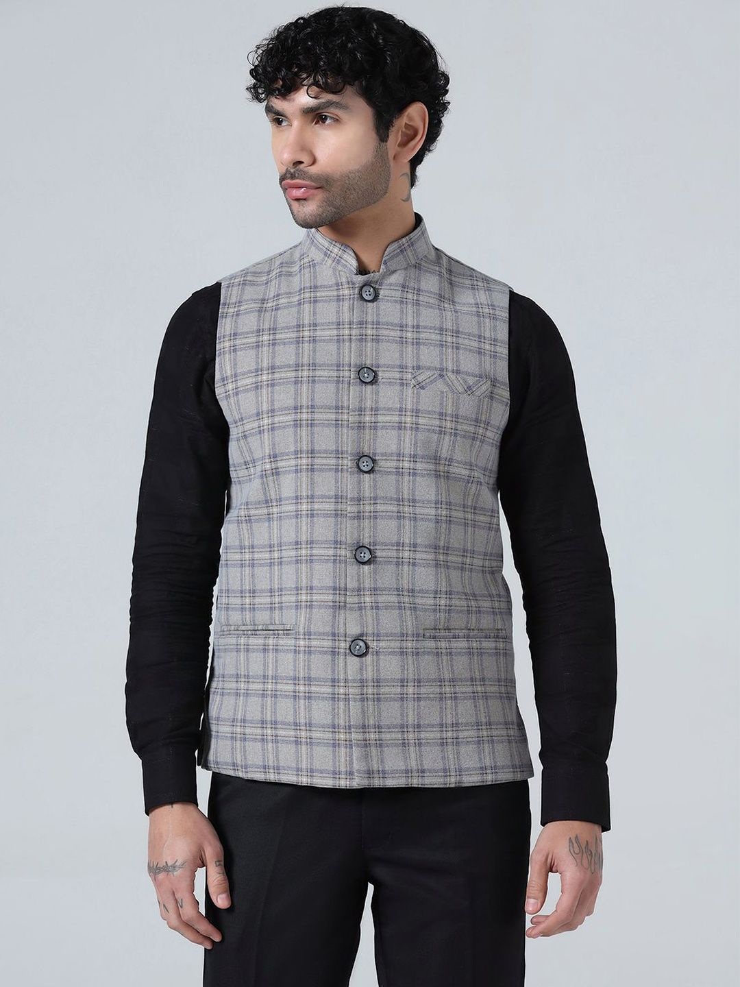 TAHVO Checked Woven Mandarin Collar Neck Nehru Jackets