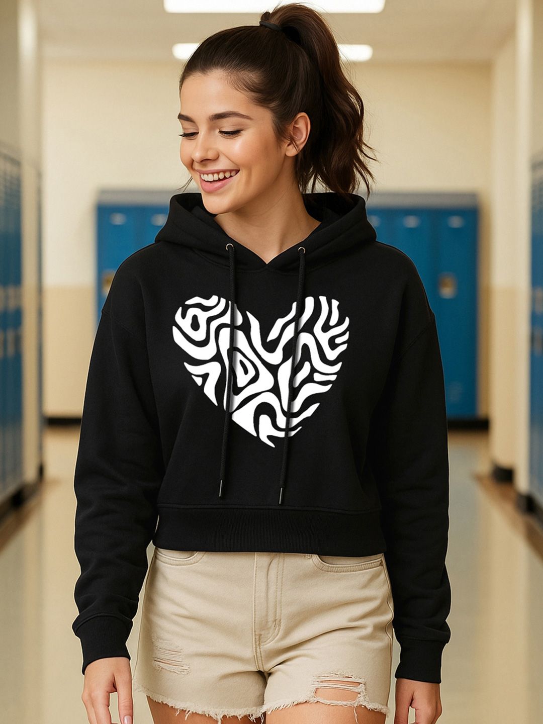 Bewakoof Bewakoof Women Black Graphic Printed Oversized Crop Hoodies Sweatshirt