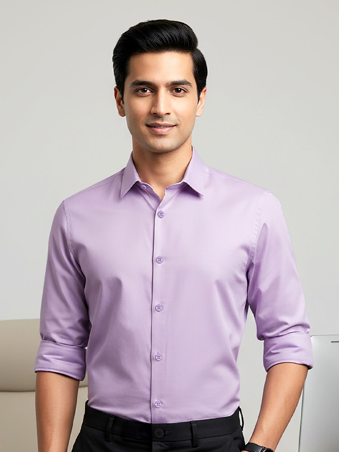 Beyoung Men Spread Collar Solid Cotton Slim Fit Casual Shirt