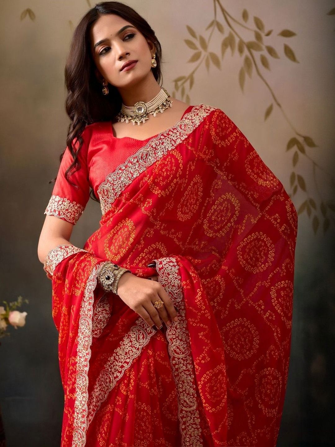 Parmila Fashion Ethnic Motifs Embroidered Poly Georgette Heavy Work Bandhani Saree