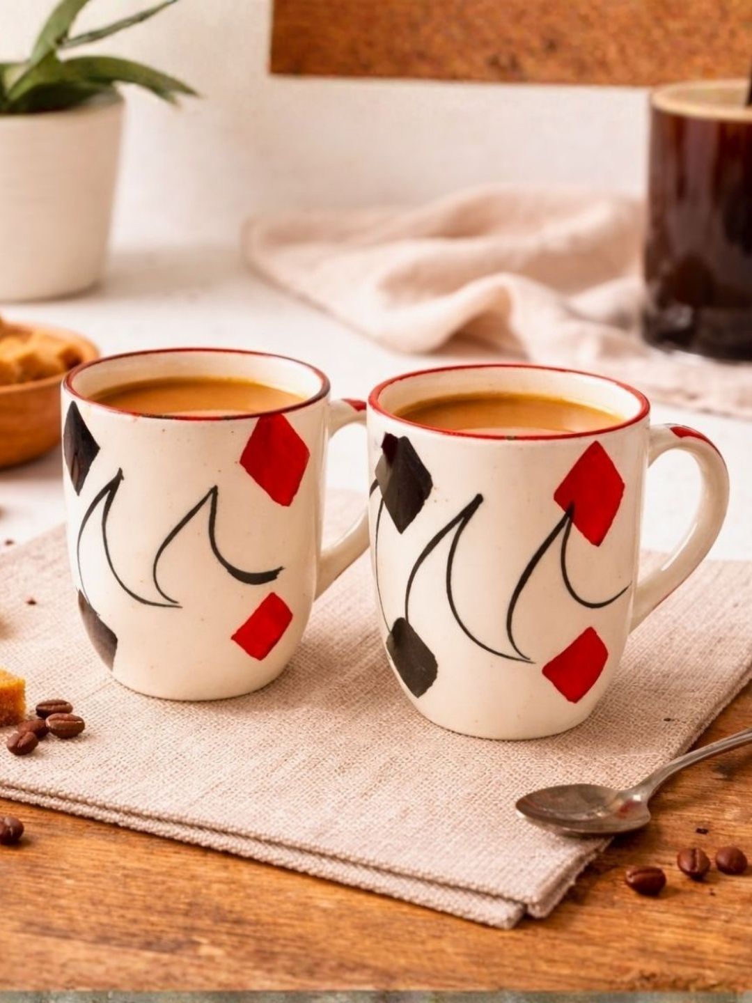 Unravel India White Hand Painted Solid Ceramic Glossy Mugs Set of Cups and Mugs