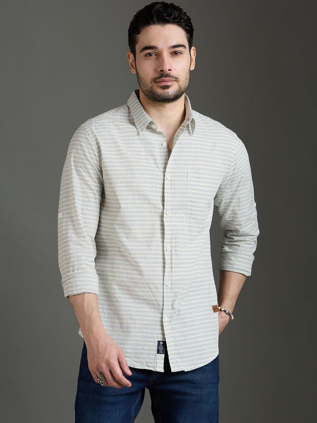 The Roadster Lifestyle Co Striped Pure Cotton Spread Collar Shirt