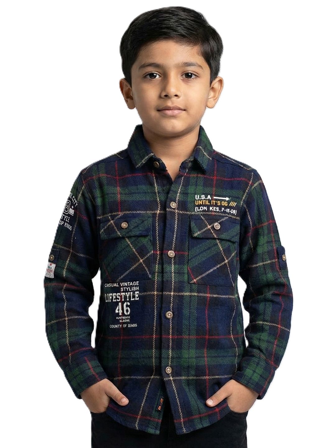 Havok kids Boys Green & Blue Checked Full Sleeve Cotton Shirt