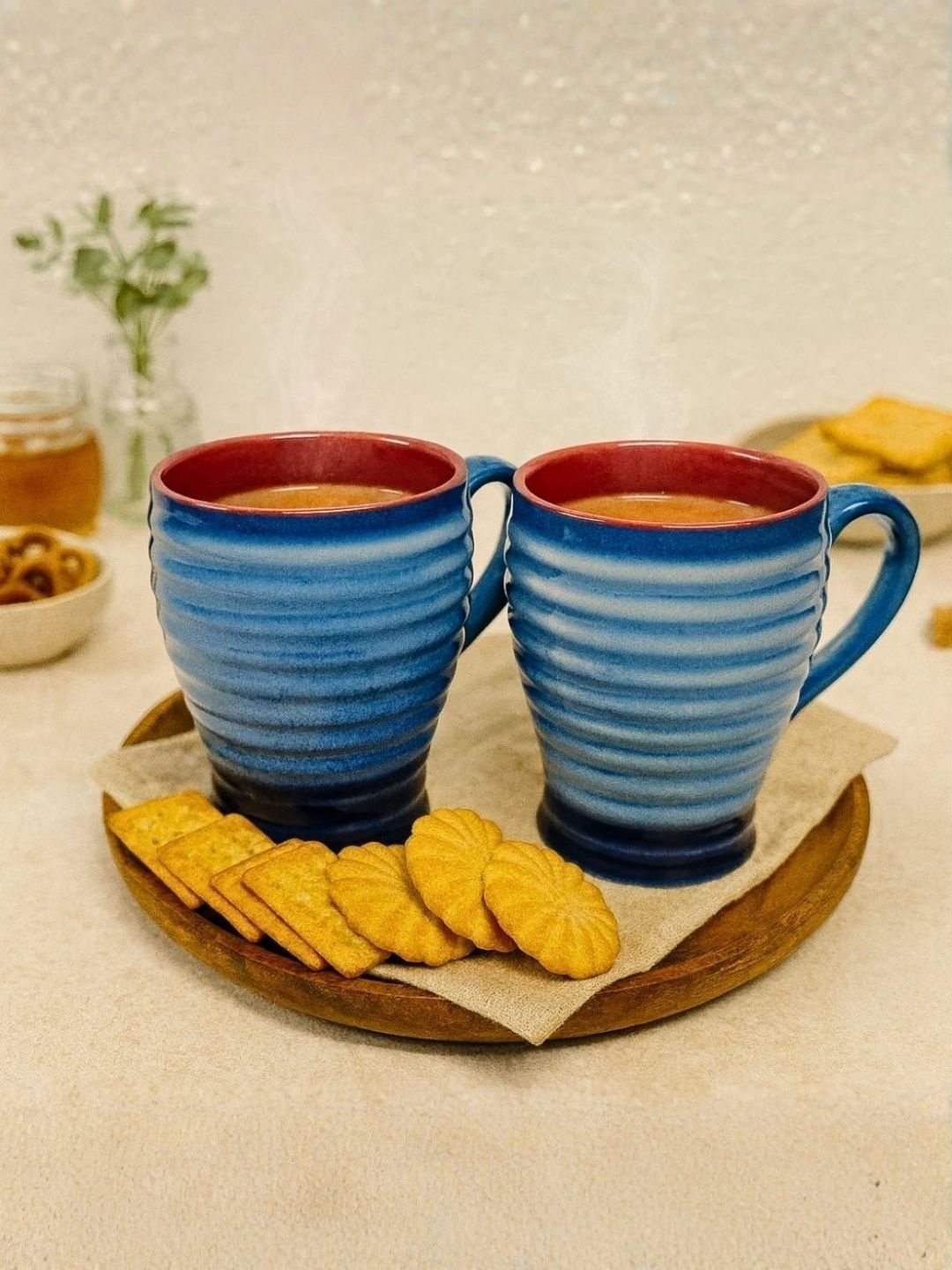 Unravel India Blue Crafted Ceramics Solid Ceramic Glossy Mugs Set of Cups and Mugs