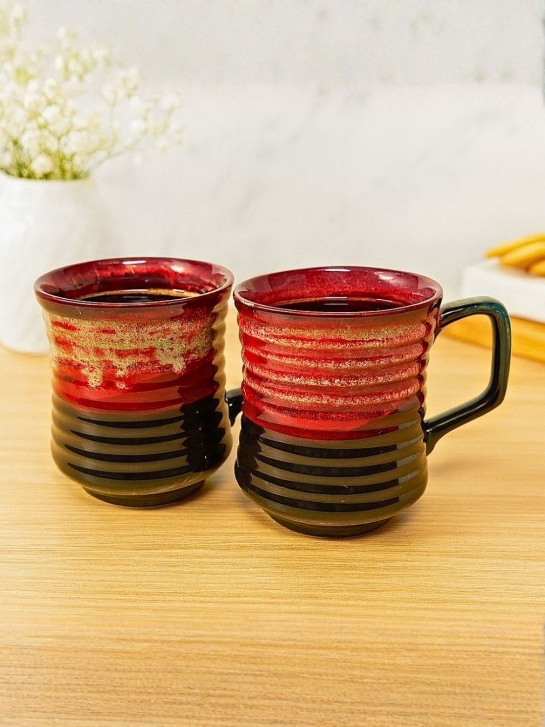 Unravel India Multicoloured Crafted Ceramics Solid Ceramic Glossy Mugs Set of Cups and Mugs