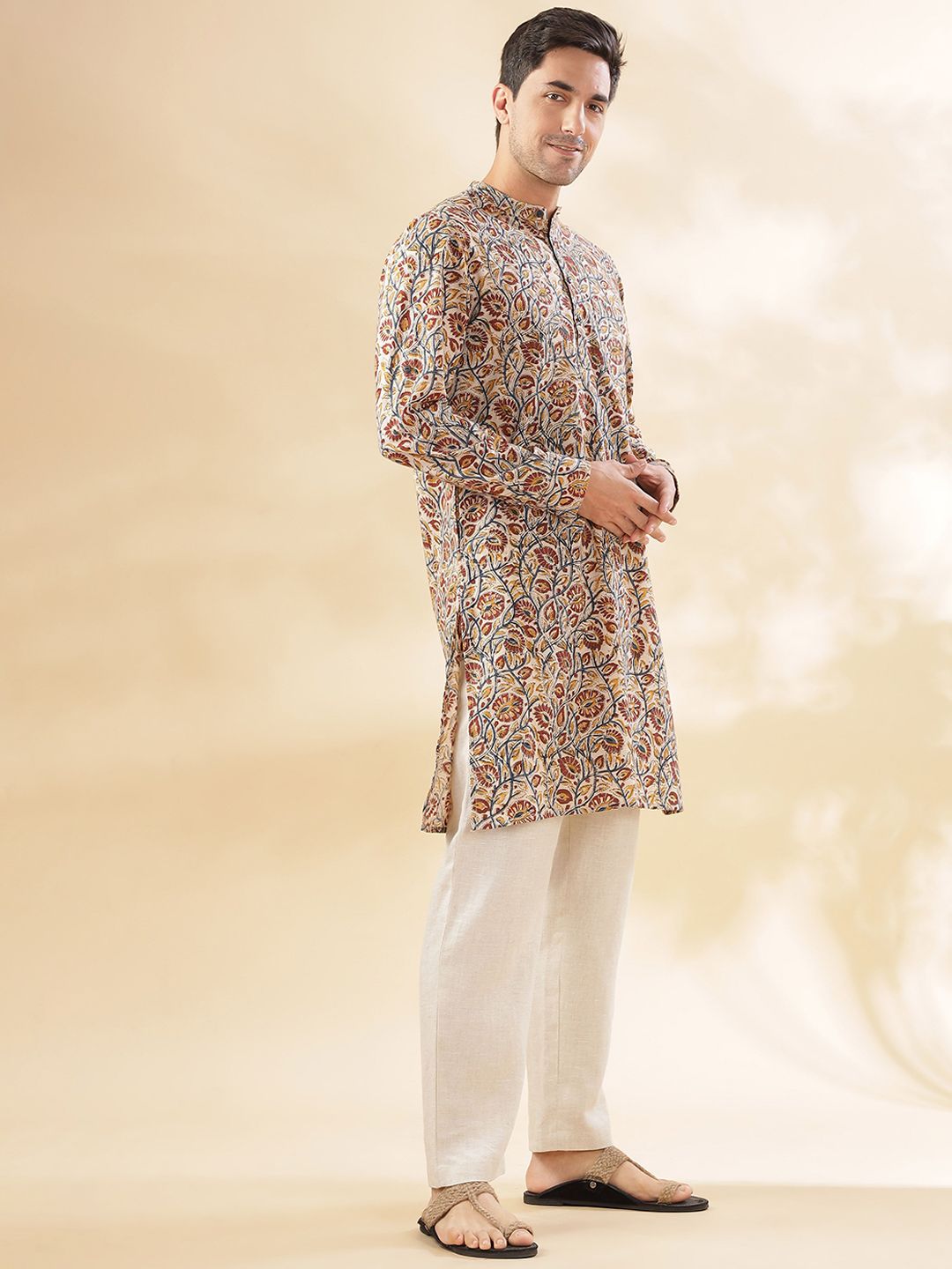 Taavi Floral Printed Mandarin Collar Cotton Straight Kurta