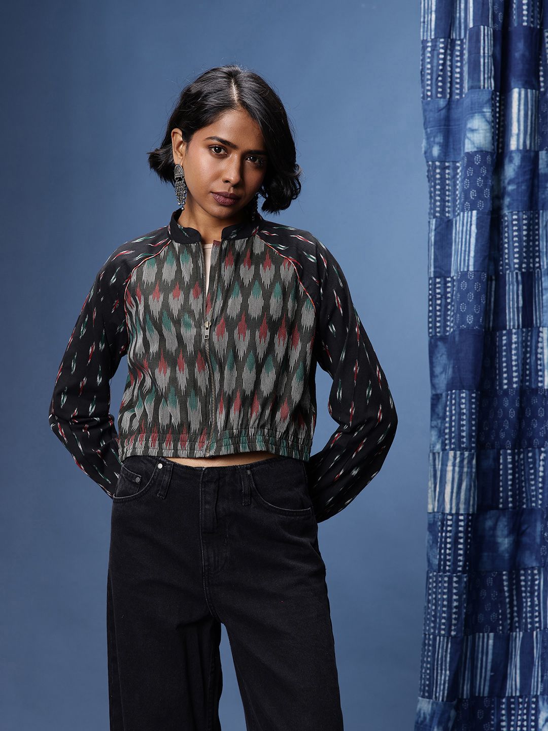 Taavi Geometric Woven Design Crop Ikat Jacket