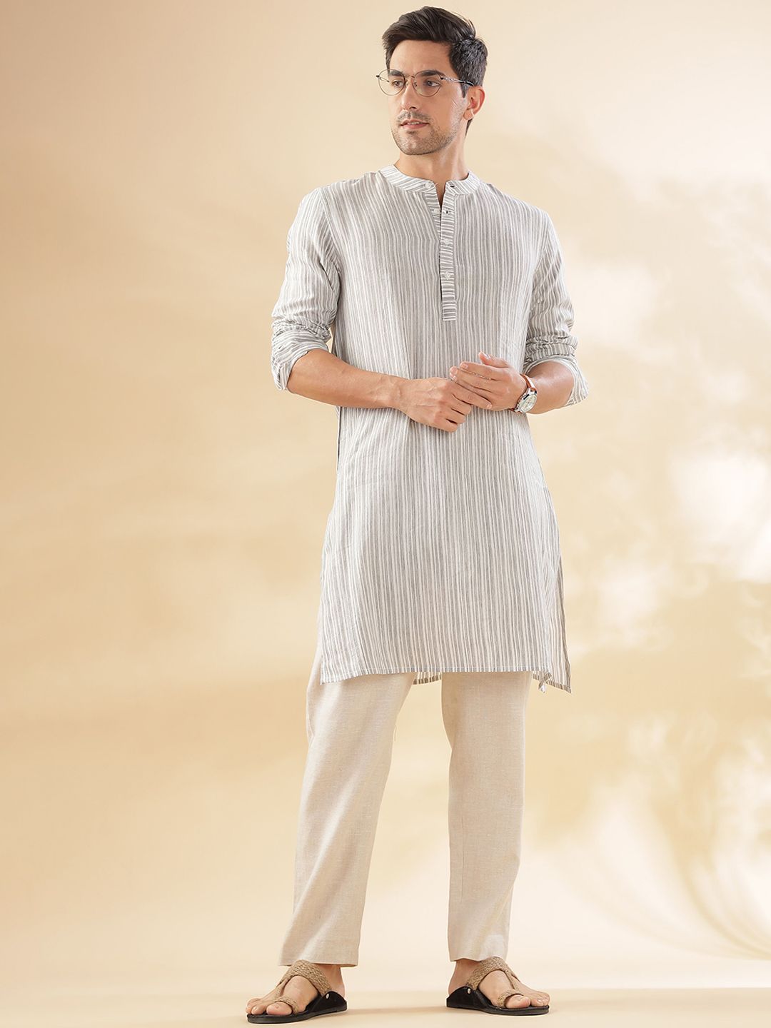 Taavi Striped Woven Design Mandarin Collar Pure Cotton Straight Kurta