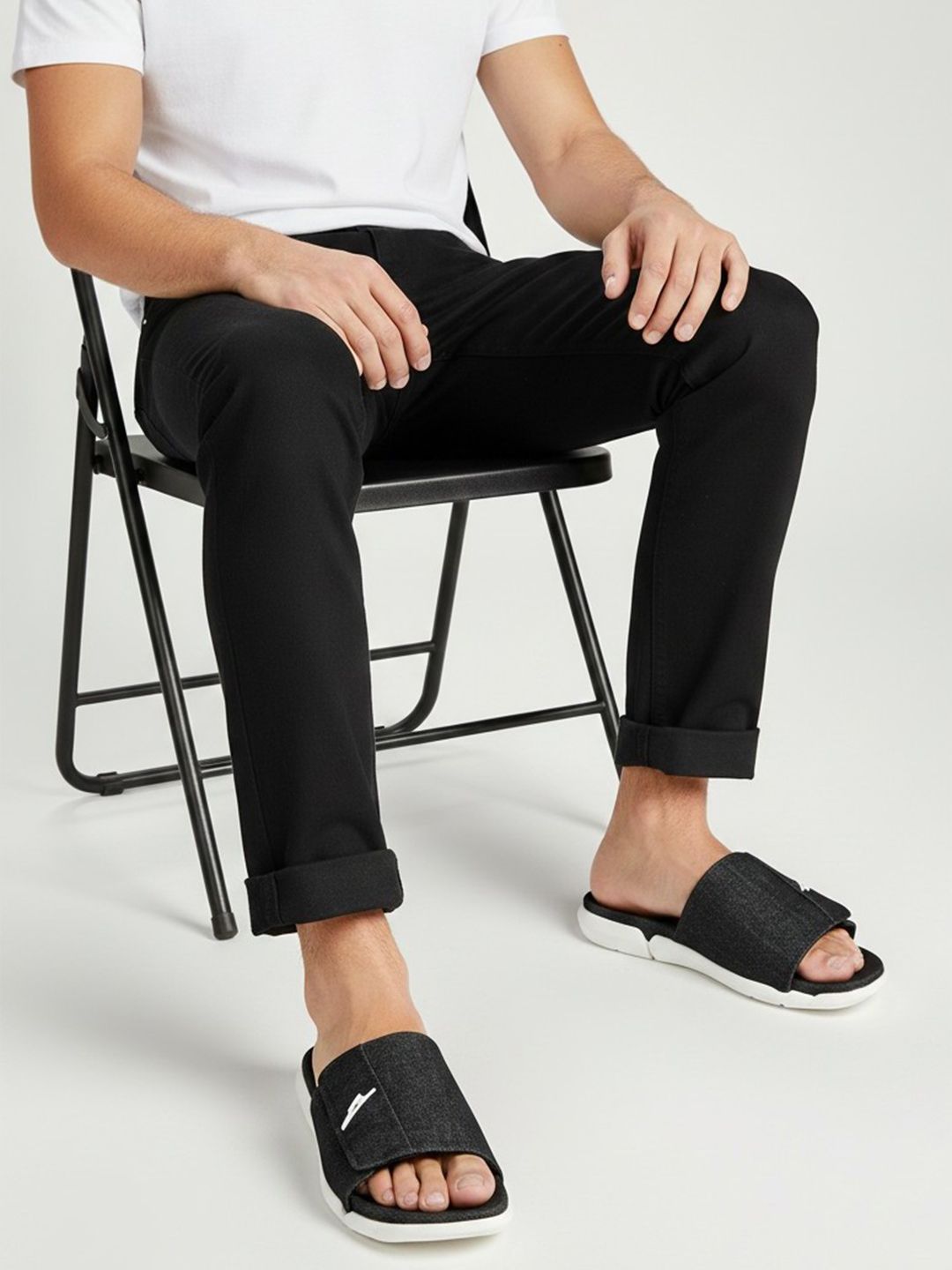ZEESH Men PU Solid Black Wash Denim Sliders Flip Flops