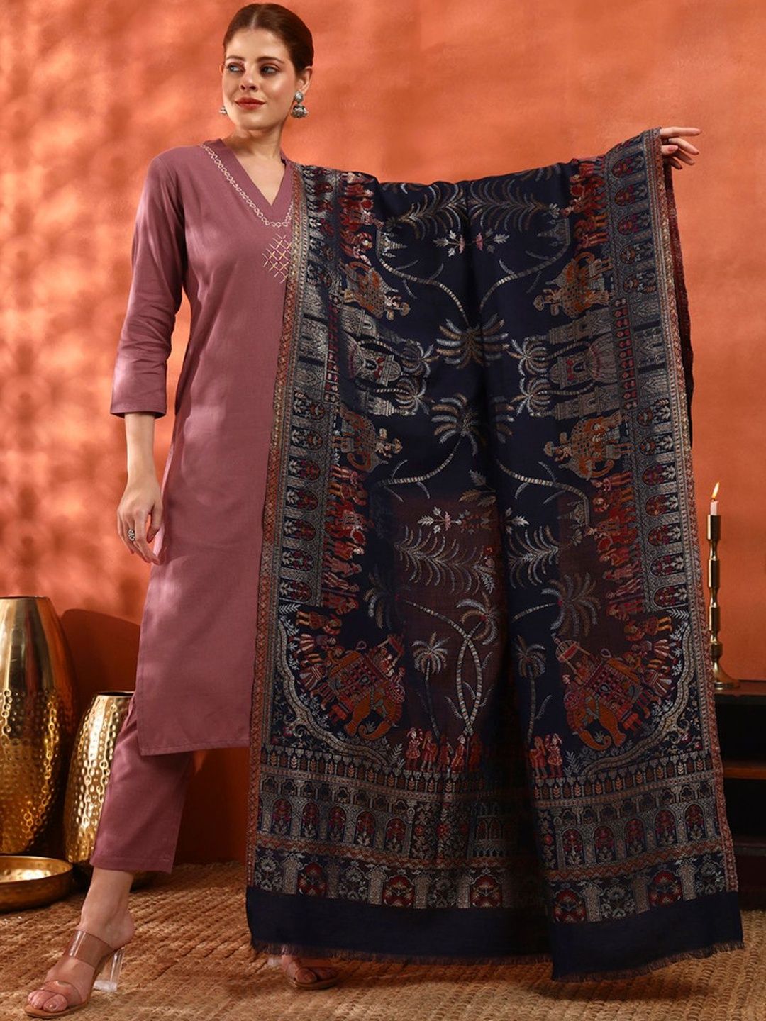 KANIDAR Women Graphic Woven Design Shawl