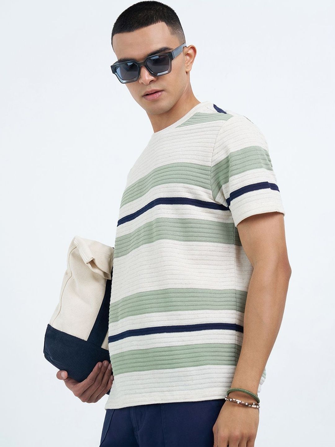 7 Alt by Pantaloons Men Striped T-shirt